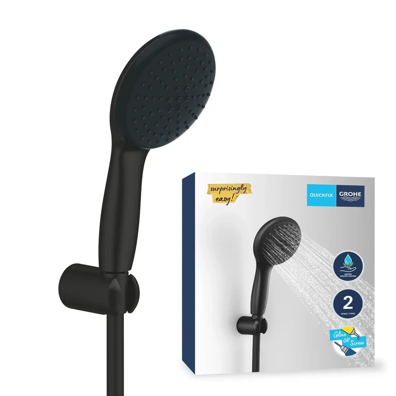 GROHE Vitalio Start 110 QuickFix - Shower Set (Round 11 cm Hand Shower 2 Sprays: Rain & Jet, Shower Hose 1.75m, Wall Holder, Water Saving, Easy to Fit with GROHE QuickGlue), Matt Black, 279502431