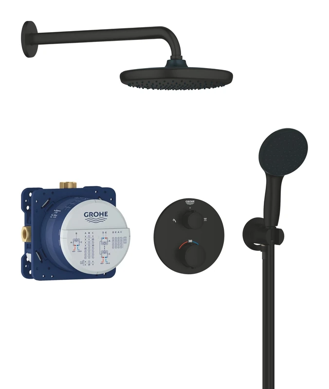 GROHE Precision - Concealed Shower System with Thermostat for 2 Outlets (Integrated Shut Off/Diverter Valve, Head Shower 25cm, Hand Shower 2 Sprays 11cm, Hose 1.5m, Round Trim), Matt Black, 348832430