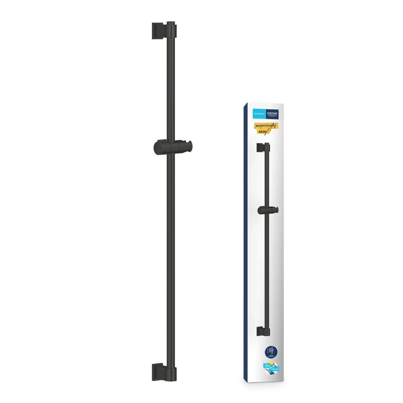 GROHE Vitalio Universal QuickFix Shower Rail 90 cm with Adjustable Wall Holders, Glide Element and Swivel Holder (with Screws and Dowels, Extra Easy to Fit QuickGlue), Matt Black, 269612431