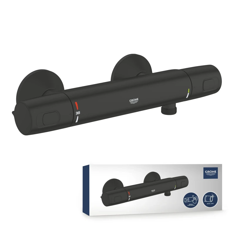 GROHE Precision Trend - Exposed Thermostatic Anti-Scald Shower Mixer (Wall-Mounted, Safety Functions, Water Saving, Cool Touch, Ergonomically Shaped Metal Handles), Matt Black. 1022172432