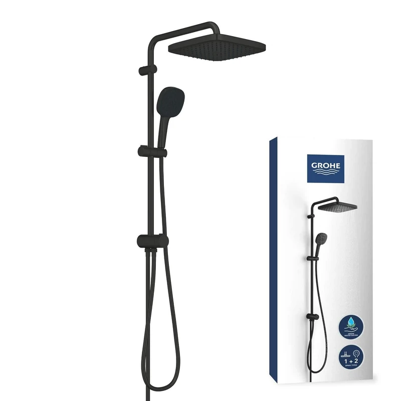 GROHE Vitalio Comfort 250 Flex – Exposed Shower System with Diverter (Square 25 cm Head 2 Sprays, 11 cm Hand Shower 2 Sprays, 2 Hoses: 1.25m & 1.5m, Water Saving), Matt Black, 266982431