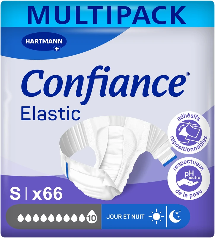 Confiance Elastic Complete Changes for Men and Women – Absorption Level = 10 Drops (Large Urinary Leakage) – pH Neutral to The Skin – Soft Material – Size S – 3 x 22 Units