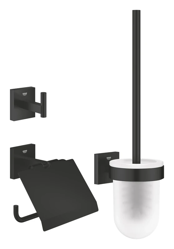 GROHE Start Cube QuickFix 3-in-1 Toilet Accessories Set- Toilet Roll Holder, Toilet Brush, Robe Hook (Metal and Glass, with Screws and Dowels), Easy to fit with GROHE QuickGlue, Matt Black, 411232430