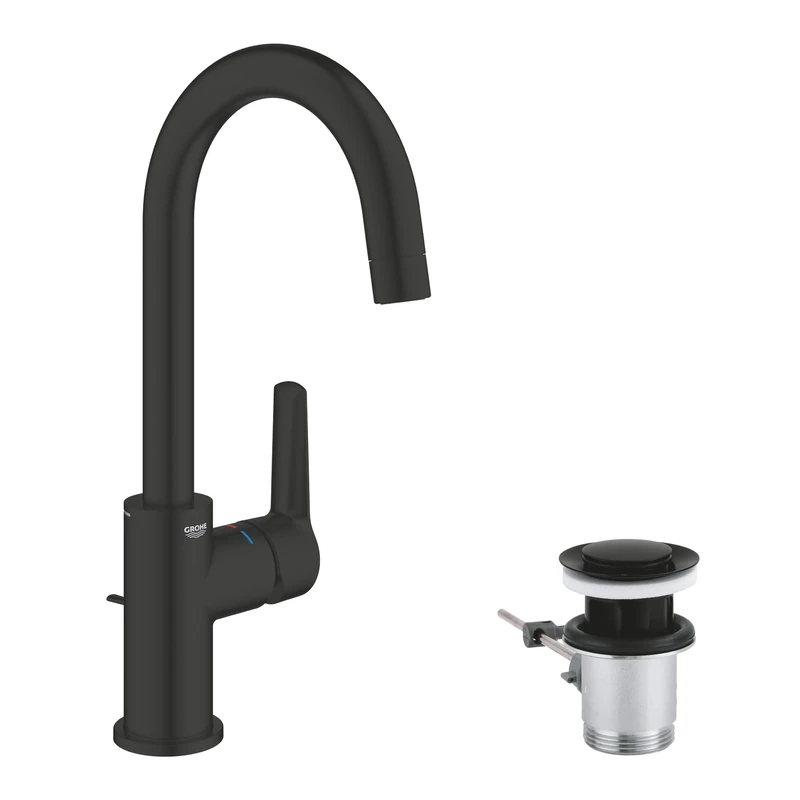 GROHE Start QuickFix – Basin Mixer Tap with Pop-Up Waste Set (L-Size 311mm, Swivel Spout, 28mm Ceramic Cartridge, Water Saving, Tails 3/8 Inch, Easy to Fit with GROHE QuickTool), Matt Black, 242032432