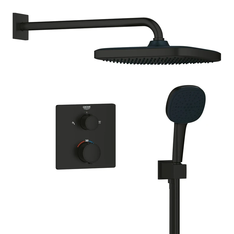 GROHE Precision - Concealed Shower System with Thermostat for 2 Outlets (Integrated Shut Off/Diverter Valve, Head Shower 25cm, Hand Shower 2 Sprays 11cm, Hose 1.5m, Square Trim), Matt Black, 348822430