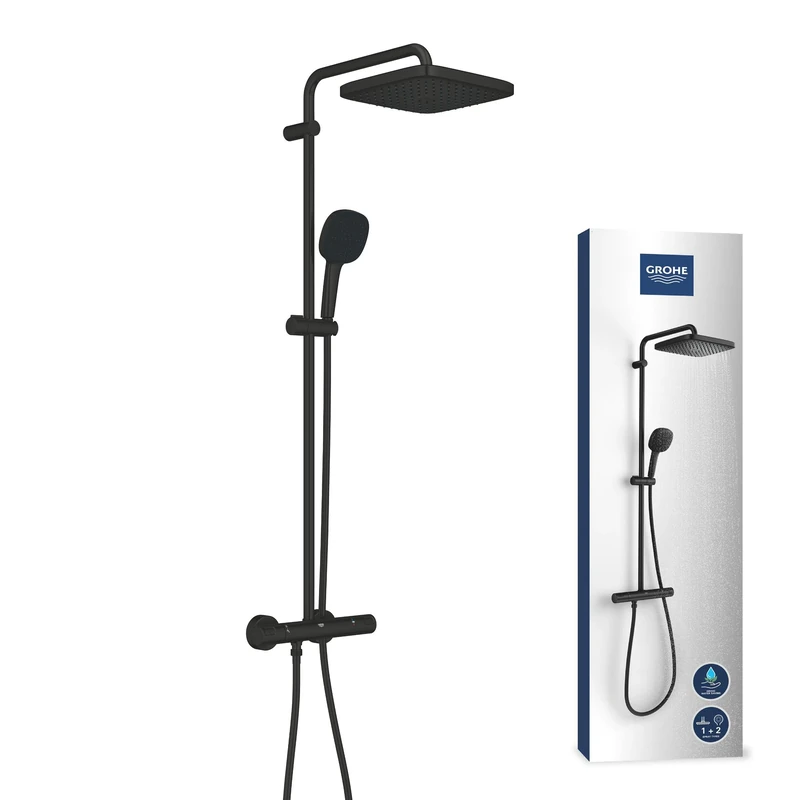 GROHE Vitalio Comfort 250 – Exposed Thermostatic Shower System with Aquadimmer Function (Square 25 cm Head Shower 1 Spray, 11 cm Hand Shower 2 Sprays, Hose 1.75 m, Water Saving), Matt Black, 266962431