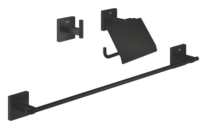 GROHE Start Cube QuickFix 3-in-1 Bathroom Accessories Set- Robe Hook, Toilet Roll Holder with Cover, Towel Rail (Metal, with Screws and Dowels), Easy to Fit QuickGlue, Matt Black, 411242430