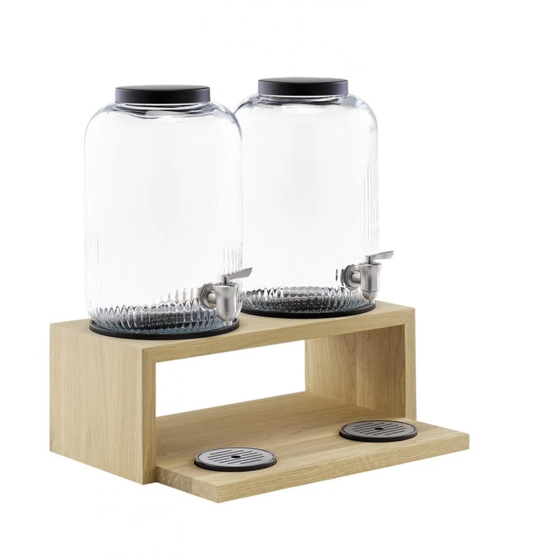 APS Valo 14016 Drinks Dispenser Base Oak Wood (Waterproof Painted), 2 Glass Containers (7 litres), Stainless Steel Taps, Black Stainless Steel Lid, Removable Draining Rack