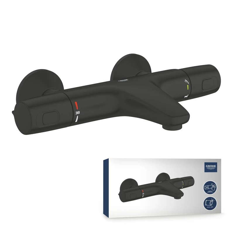 GROHE Precision Trend - Thermostatic Anti-Scald Bath/Shower Mixer with Aquadimmer Eco (Wall-Mounted, Safety Functions, Water Saving, Ergonomically Shaped Metal Handles), Matt Black, 1022162432