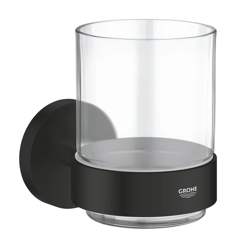 GROHE Start QuickFix Crystal Glass with Holder (Metal and Glass, Concealed Fastening, Including Screws and Dowels, Extra Easy to Fit QuickGlue), Size 106 x 99 mm, Matt Black, 411942430