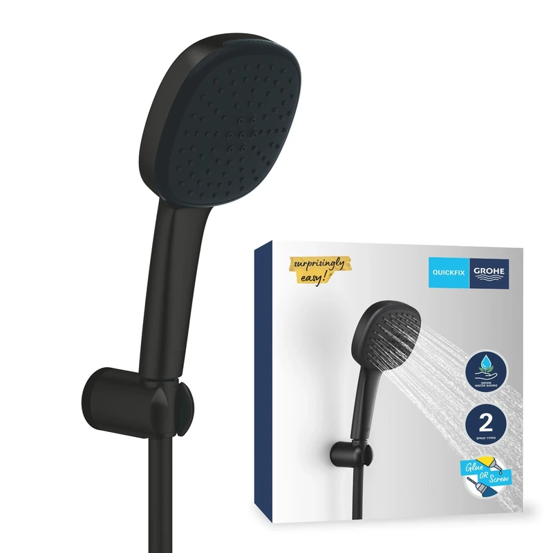 GROHE Vitalio Comfort 110 QuickFix - Shower Set (Square 11cm Hand Shower 2 Sprays Anti-Limescale System, 1.75m Hose, Wall Holder, Water Saving, Easy to Fit with GROHE QuickGlue), Matt Black, 263992431
