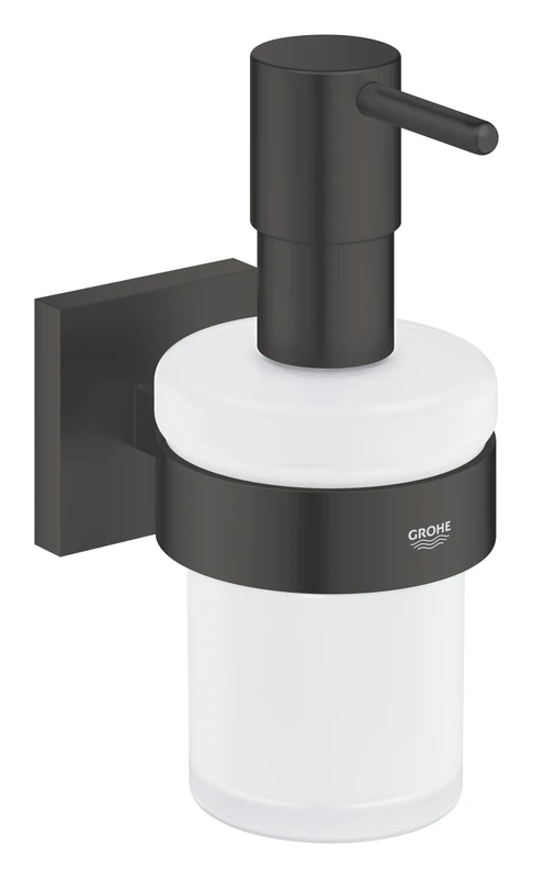 GROHE Start Cube QuickFix Soap Dispenser with Holder (Material: Iced Glass & Metal, Filling Quantity 160 ml, with Screws & Dowels), Size 158mm, Easy to Fit QuickGlue, Matt Black, 410982430