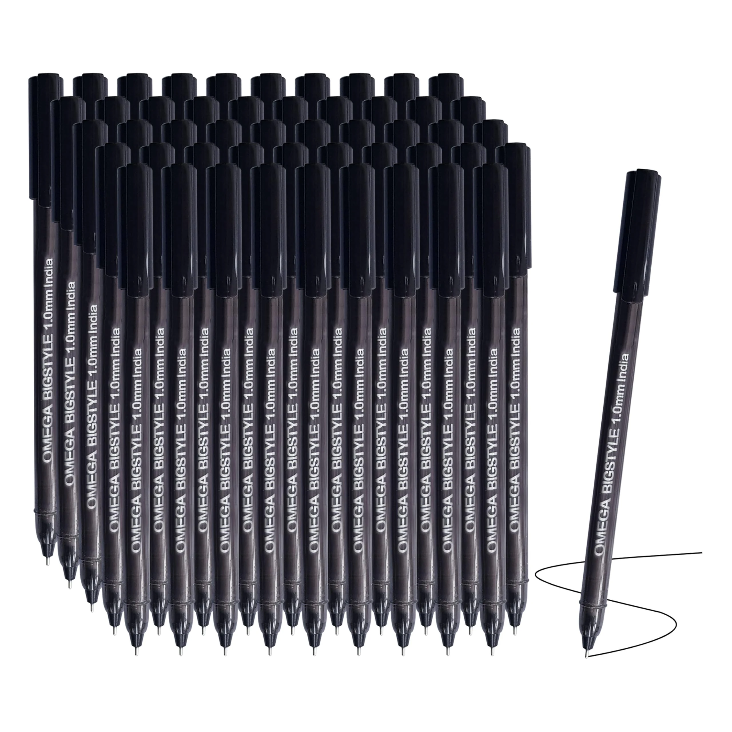 OMEGA BigStyle Ballpoint Pens, BLACK, Medium Point (1.0 mm), Pack of 50, Multipack, Smooth Ball Pens, Ideal for School Office Home Everyday Use