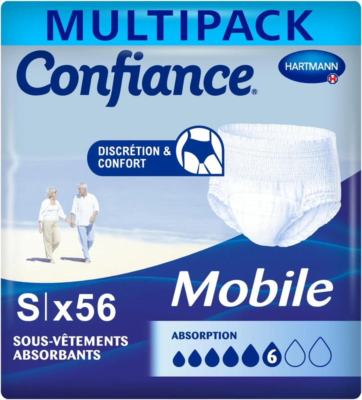 Confiance Mobile – Absorbent Briefs for Men and Women – Absorption Level – 6 Drops (Medium Urinary Leakage) – Discreet and Effective – pH Neutral to The Skin – Size S – 4x14 Units