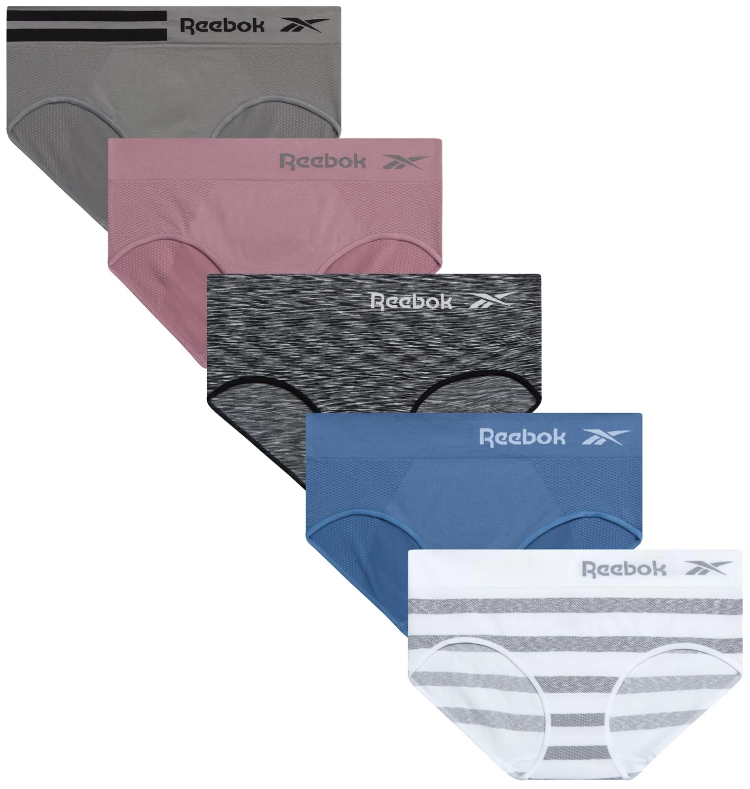 Reebok Hipster Panties for Women - 5 Pack Stretch Performance Seamless Underwear with Relaxed Tag-Free Waistband (S-XL), Black Spacedye/Blue/Sharkskin/White Stripe, S