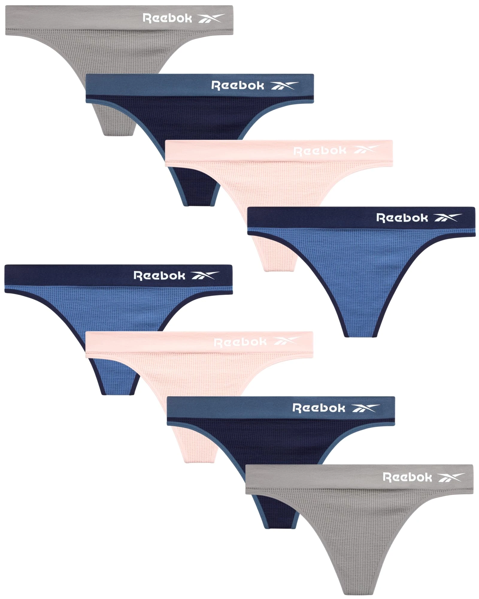 Reebok Women's Thongs - 8 Pack Performance Seamless Thongs for Women Sexy Panties - Breathable Underwear for Women (S-XL), Coronet Blue/Lotus/Sharkskin/Evening Blue, S