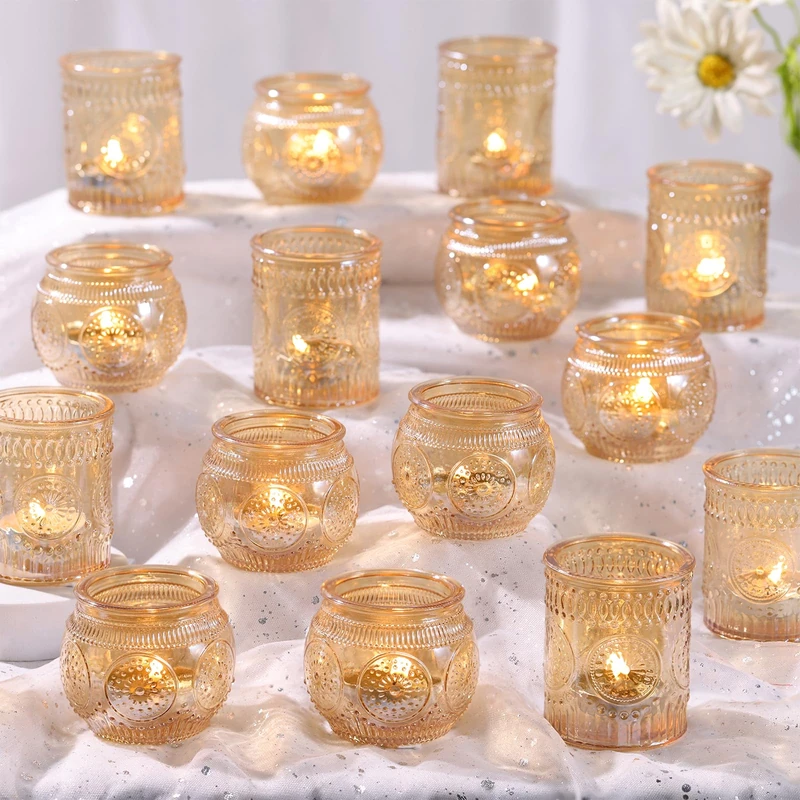 DARJEN 48Pcs Gold Votive Candle Holders - Glass Candle Holder Bulk for Table Centerpiece, Tea Lights Candle Holders for Home, Christmas Party & Wedding Shower