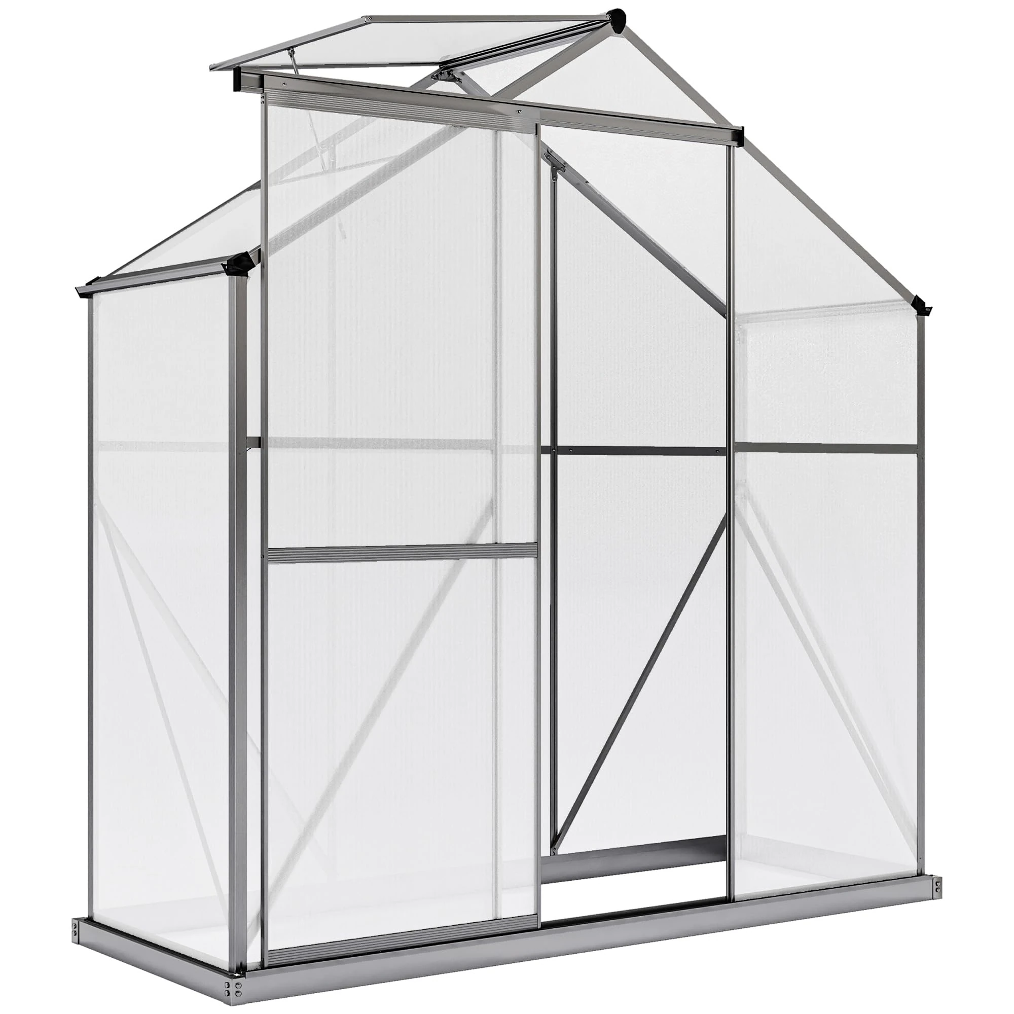 Outsunny 6 x 2.5ft Polycarbonate Greenhouse, Walk-In Green House with Sliding Door, 5-Level Roof Vent, Rain Gutter, Garden Plants Grow House with Aluminium Frame and Foundation, Dark Grey