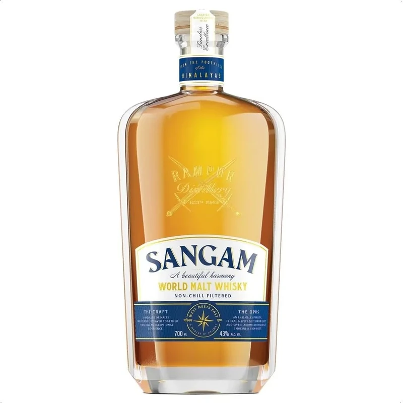 Rampur - Sangam World Malt Whisky - Whisky - 43% ABV - 70cl - Single Bottle - Unique, Smooth & Delicate - Premium Whisky - Complex Tasting Notes