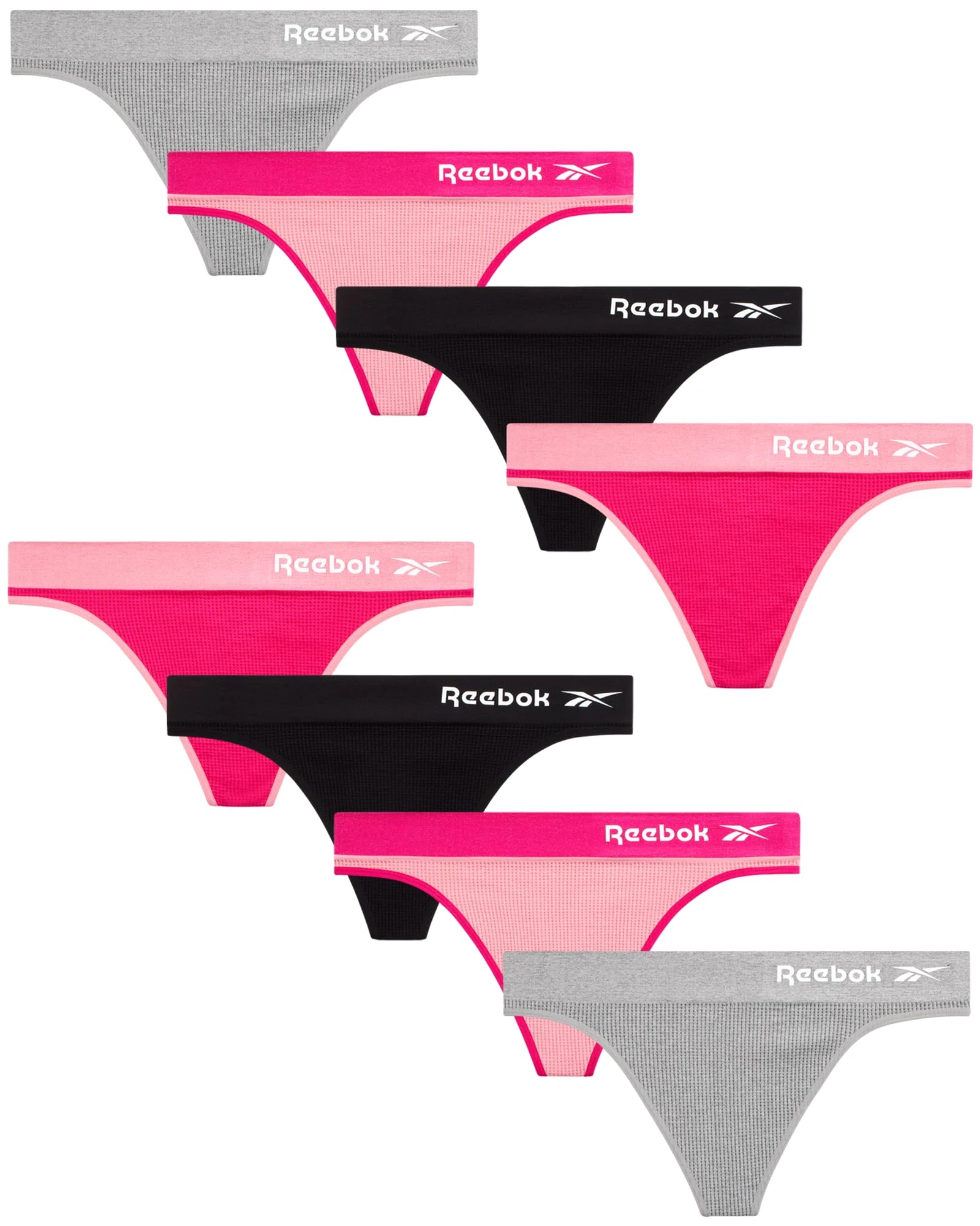Reebok Women's Thongs - 8 Pack Performance Seamless Thongs for Women Sexy Panties - Breathable Underwear for Women (S-XL), Fuschia Purple/Light Grey Melange/Black/Pink Lady, M