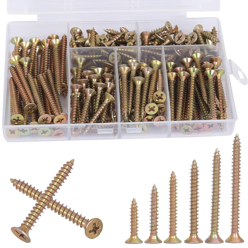 AMLOOPH M4 Flat Head Wood Screws Assortment, Phillips Drive Self Tapping Screws, M4 Wood Screws, Finish with Yellow Zinc Plated, Self-Tapping Screws