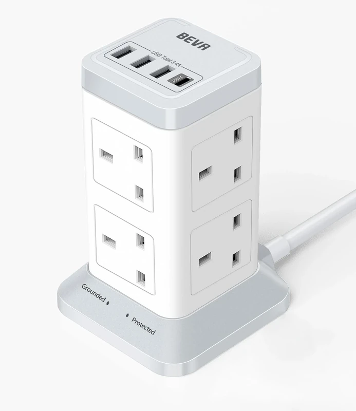 Tower Extension Lead with USB Slots, BEVA 8 Way Extension Socket with 3 USB-A and 1 USB-C Ports, 2100J Surge Protected Extension Plug Tower with Switch 2M Cable(13A 3250W) for Home, Office