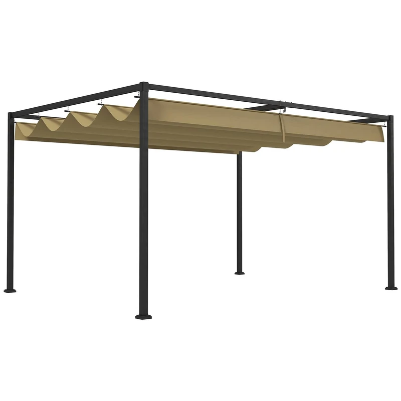 Outsunny 3 x 2m Metal Outdoor Pergola with Retractable Roof, Outdoor Gazebo Canopy Shelter with Drainage Holes for Garden, Patio, Lawn, Khaki