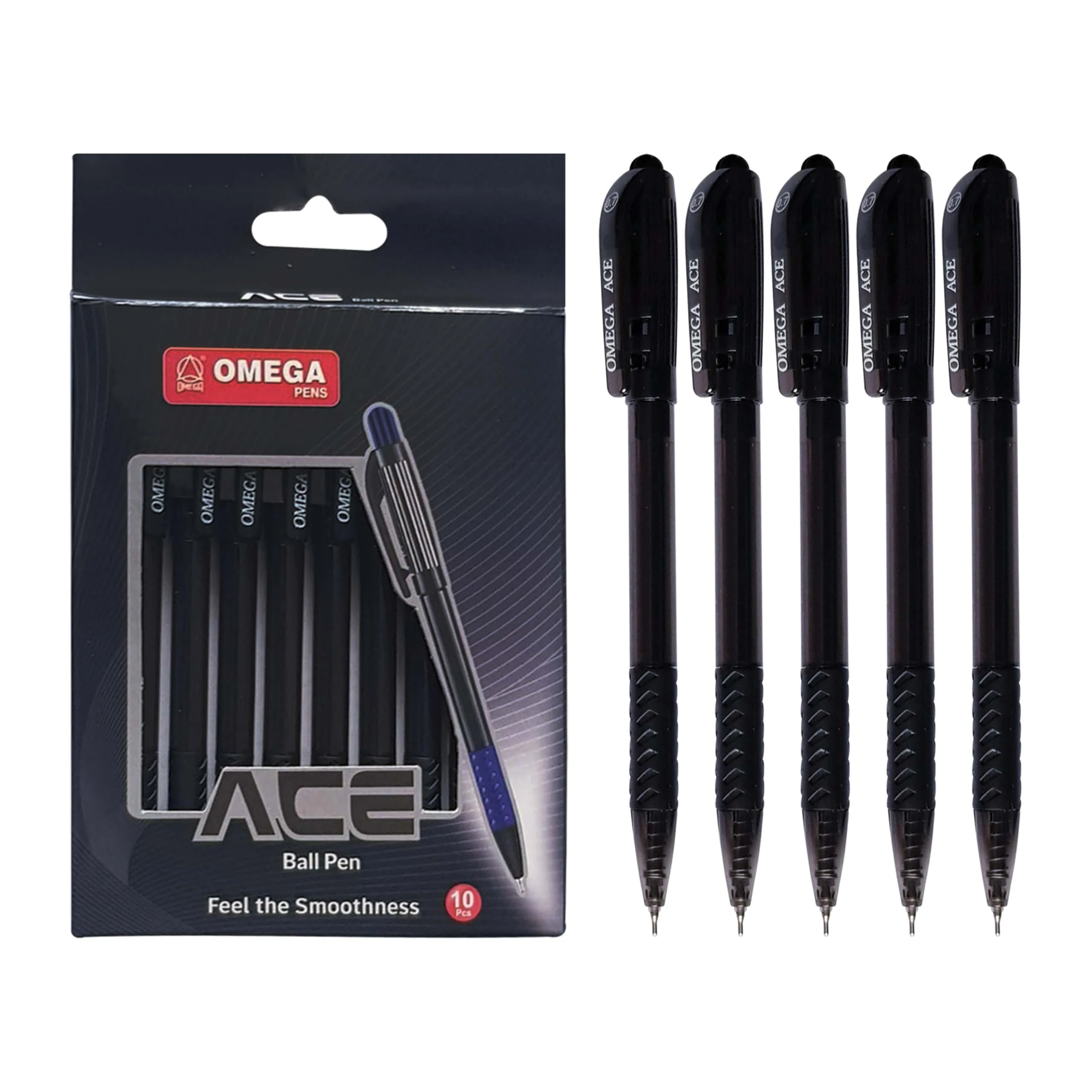 OMEGA Ace Retractable Ballpoint Pens, BLACK, Fine Point (0.7 mm), Pack of 10, Smooth Ball Pens, Click Mechanism, School Office Home Everyday Use