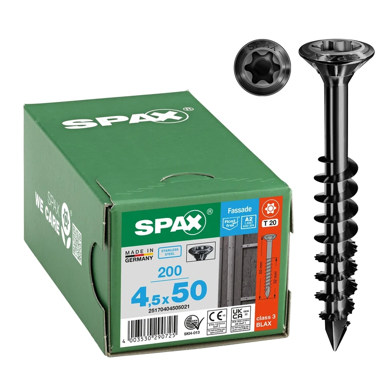 SPAX Facade Screw, 4.5 x 50 mm, Pack of 200, Partially Threaded, Raised Countersunk Head, T-Star Plus T20, Cut Tip, Rustproof Stainless Steel A2 BLAX - 25170404505021