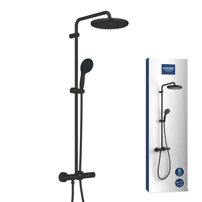 GROHE Vitalio Start 250 – Exposed Thermostatic Shower System with Aquadimmer Function (Round 25cm Head Shower 1 Spray, Round 11cm Hand Shower 2 Sprays, Hose 1.75m, Water Saving), Matt Black, 266772431