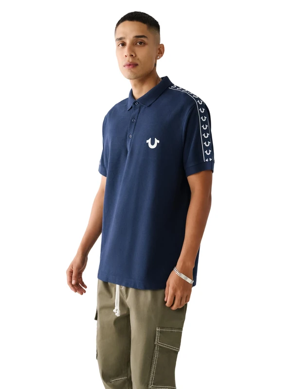 True Religion Men's Damask Short Sleeve Polo, Dress Blue, XL