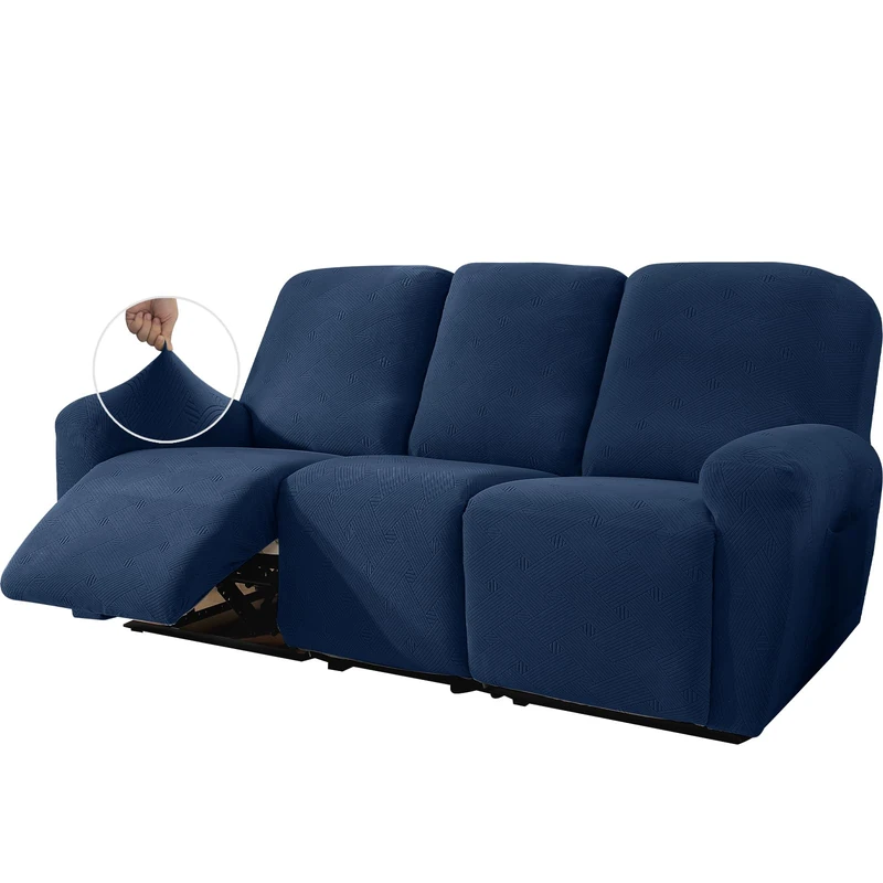 JIVINER Recliner Couch Cover, Jacquard 5 Piece Stretch Sofa Covers for 3 Cushion Reclining Lazy Boy Soft Washable Sofa Slipcovers Protector with Pockets (Recliner Sofa, Navy Blue)