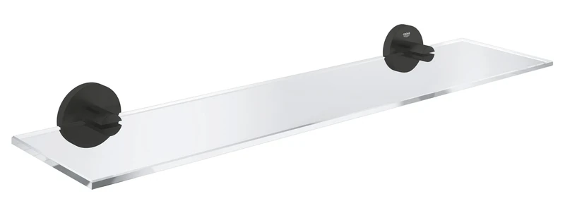 GROHE Start QuickFix Glass Shelf with Matt Black Holders (Metal and Glass, Concealed Fastening, Including Screws and Dowels, Extra Easy to Fit QuickGlue), Size 530 mm, 412022430