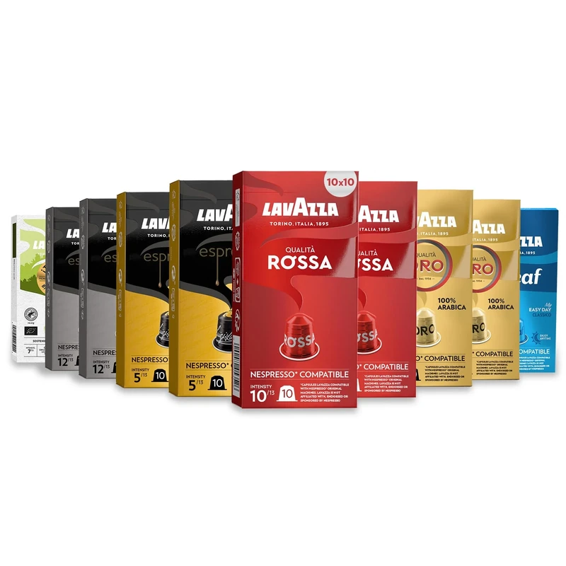 Lavazza, Variety Pack, 100 Aluminium Capsules Compatible with Nespresso Original Machines, Espresso Maestro Ristretto, Espresso Maestro Lungo, Qualità Oro, Qualità Rossa, Tierra, Dek