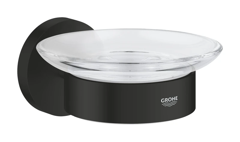 GROHE Start QuickFix Soap Dish with Holder (Metal and Glass, Concealed Fastening, Including Screws and Dowels, Extra Easy to Fit with GROHE QuickGlue), Size 125 x 58, Matt Black, 411932430