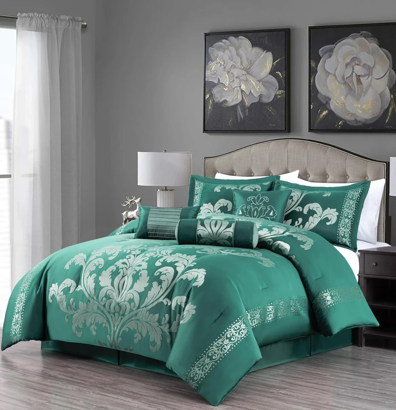 Chezmoi Collection 7-Piece Jacquard Floral Comforter Set (King, Green/Silver)