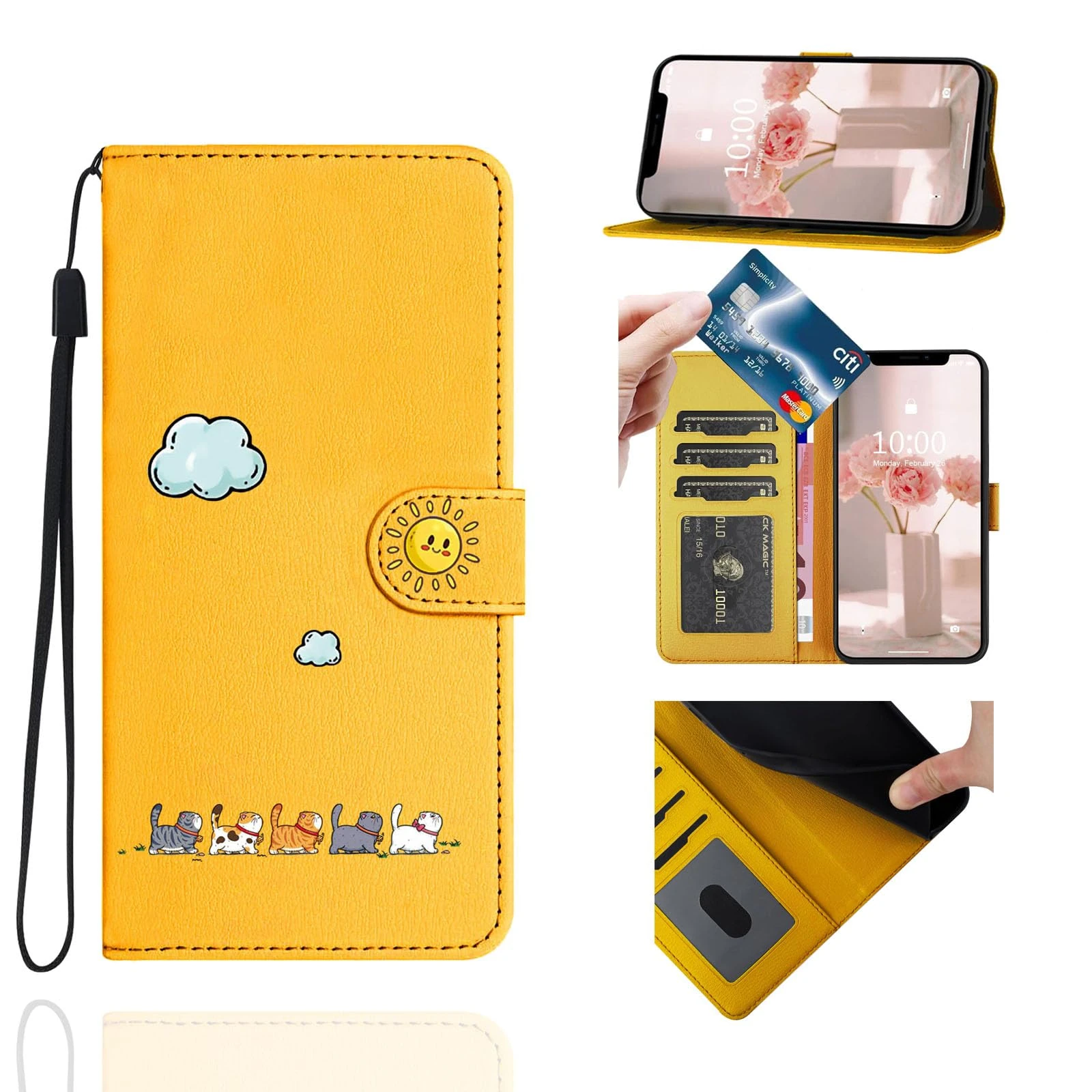 Jeffene Wallet Case for iPhone 7 Plus(5.5 inch),Cute Cat PU Leather Magnetic Flip Case for Women Cover with [Kickstand][TPU Inner Shell][Card Holder] for iPhone 8 Plus,Yellow