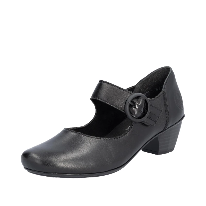 Rieker Ladies Buckle Detailed Hook and Loop Smart Heels 41756-00 - Black Leather - UK Size 5 - EU Size 38 - US Size 7