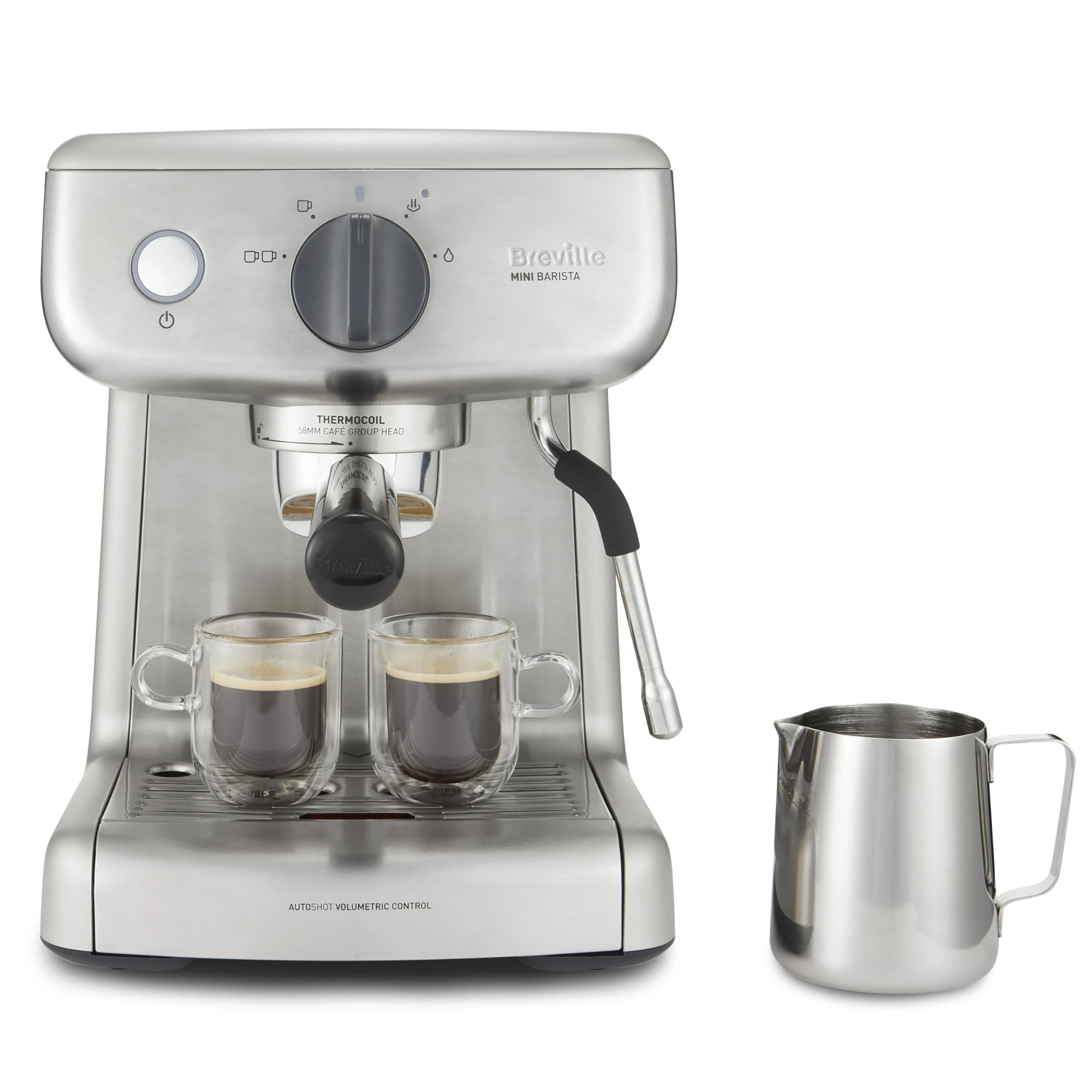 BREVILLE Barista Mini Espresso, Latte and Cappuccino Coffee Machine 2L Water Tank Milk Frother 15 Bar Italian Pump Stainless Steel [VCF125]