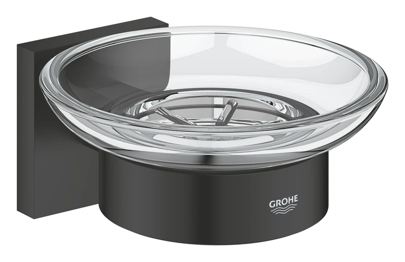 GROHE Start Cube QuickFix Soap Dish with Holder (Material: Glass & Metal, Wall Mounted, Concealed Fastening, with Screws & Dowels), Size 125 mm, Easy to Fit with GROHE QuickGlue, Matt Black, 410962430