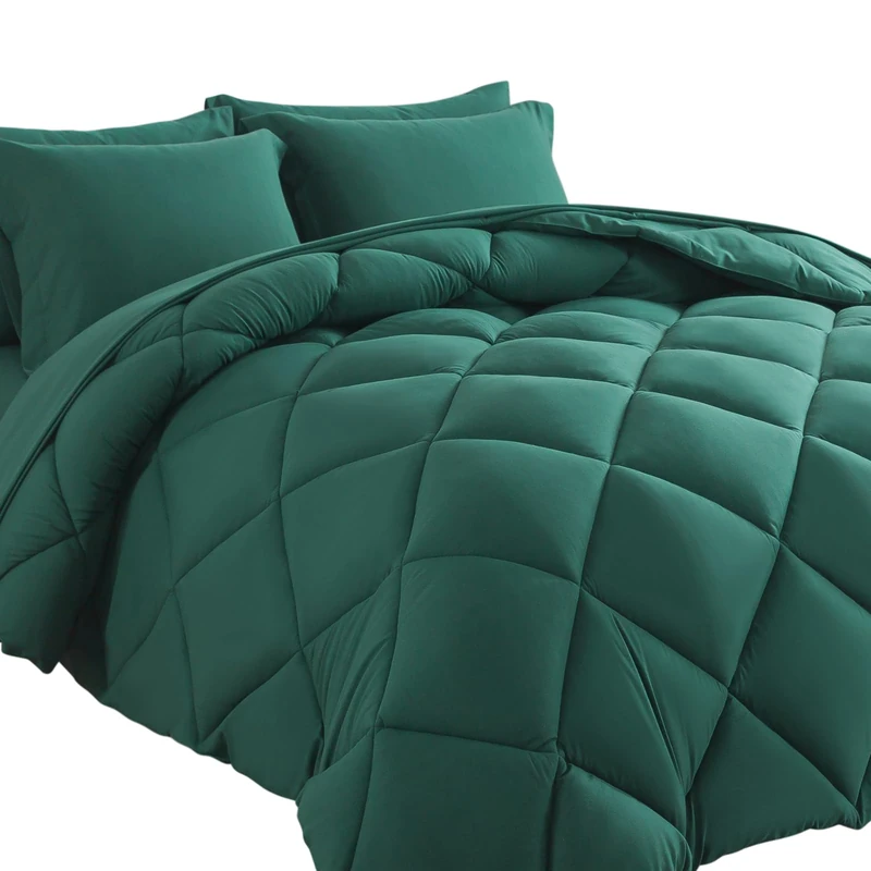 Cosybay Bed in a Bag King Comforter Sets 7pcs All Season Solid Down Alternative Bedding Sets Dark Green with Comforter, Pillow Shams, Flat Sheet, Fitted Sheet and Pillowcases