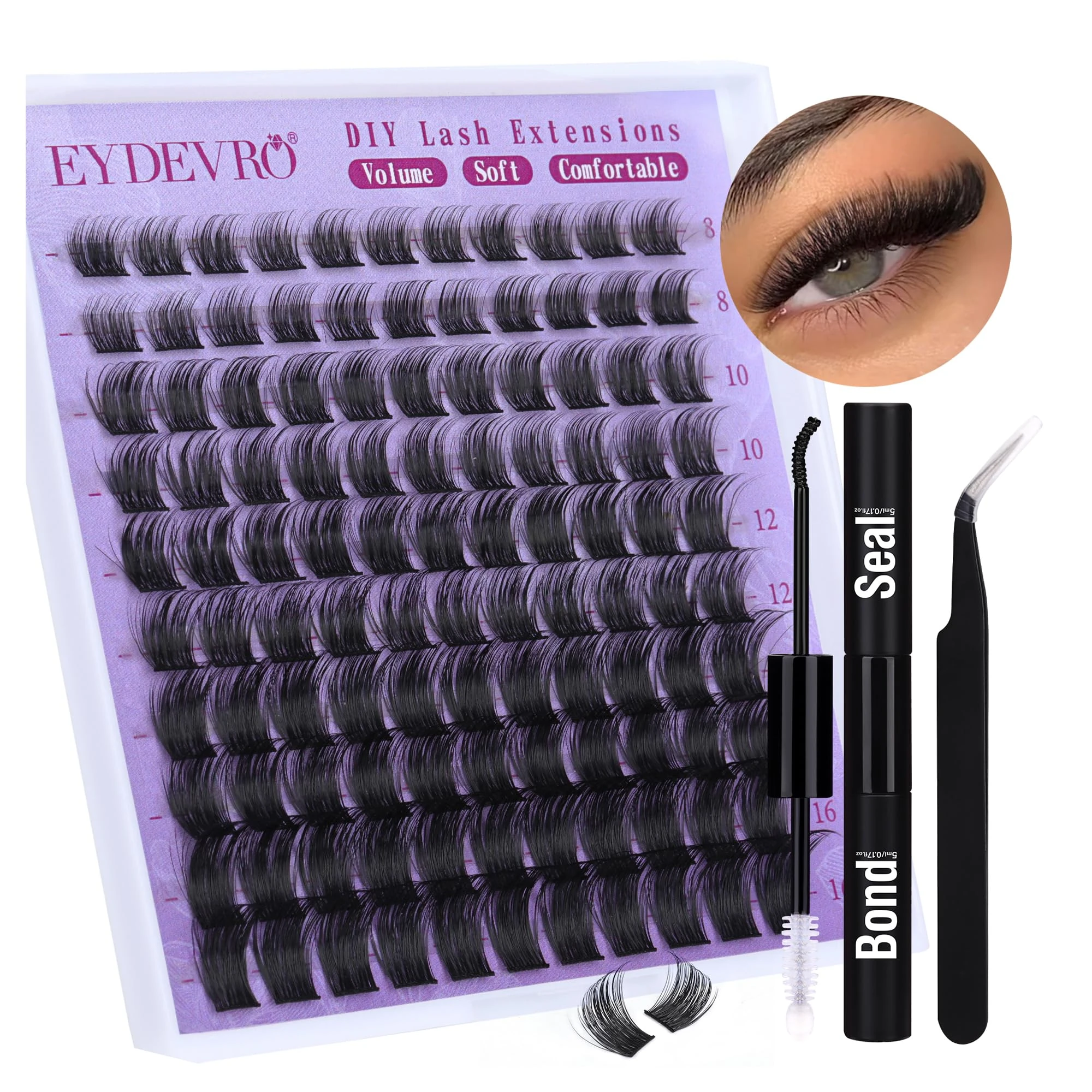 EYDEVRO D Curl Cluster Lashes DIY Lash Extension Kit - Individual Clusters, Wispy Eyelash Extensions 8-16mm with Lash Bond and Seal, Tweezers (0.07D, 8-16mm, D Curl)