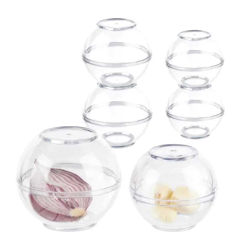 Relaxdays Set of 6, Food Storage Balls, 2 Sizes, Freshness Containers for Onions, Garlic, Odourless Fridge, Transparent, 8 x 9 x 9 cm