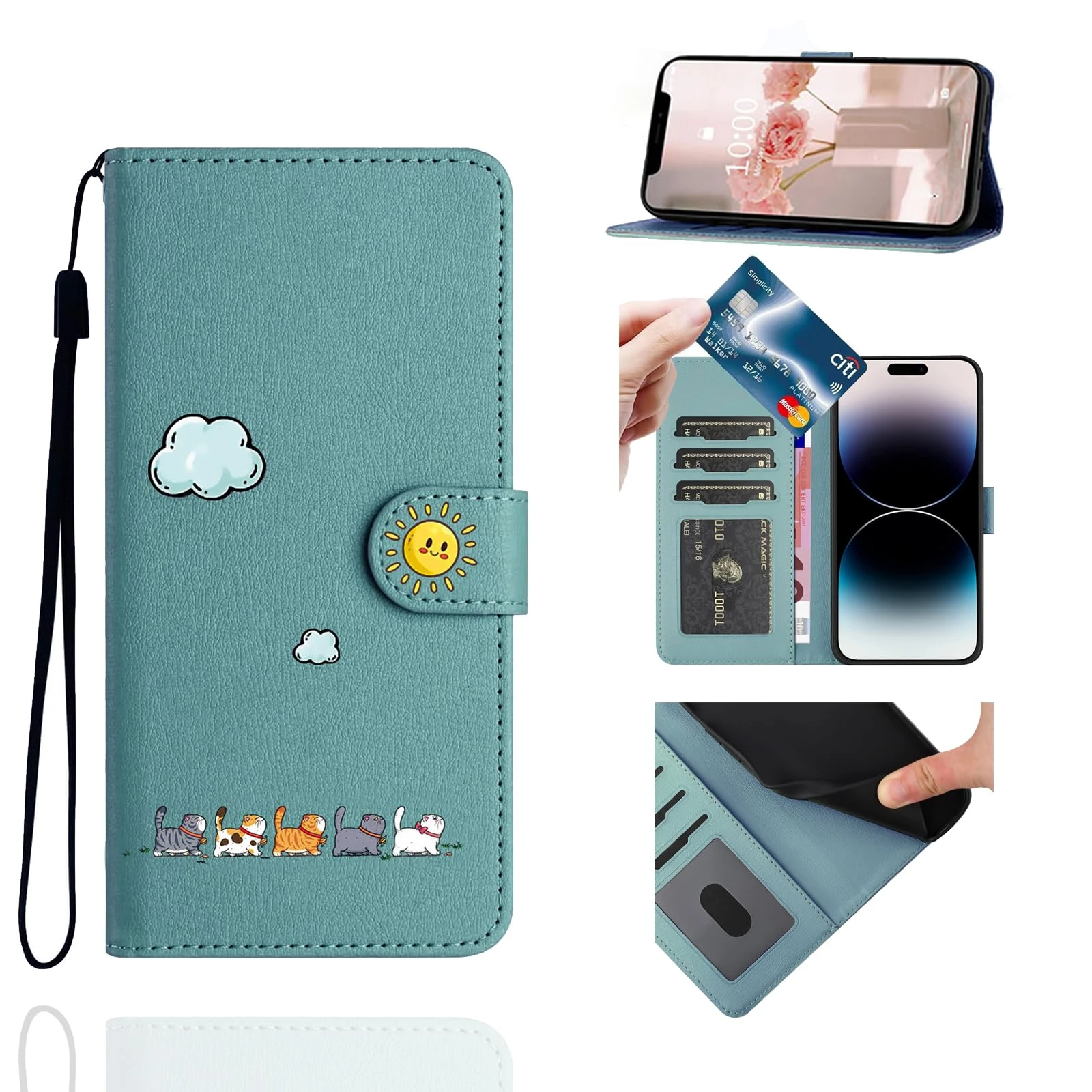 Jeffene for iPhone 15 Plus (6.7 inch) Case,PU Leather Flip Wallet Cover with [Kickstand][TPU Inner Shell][Card Holder],Green&Cat