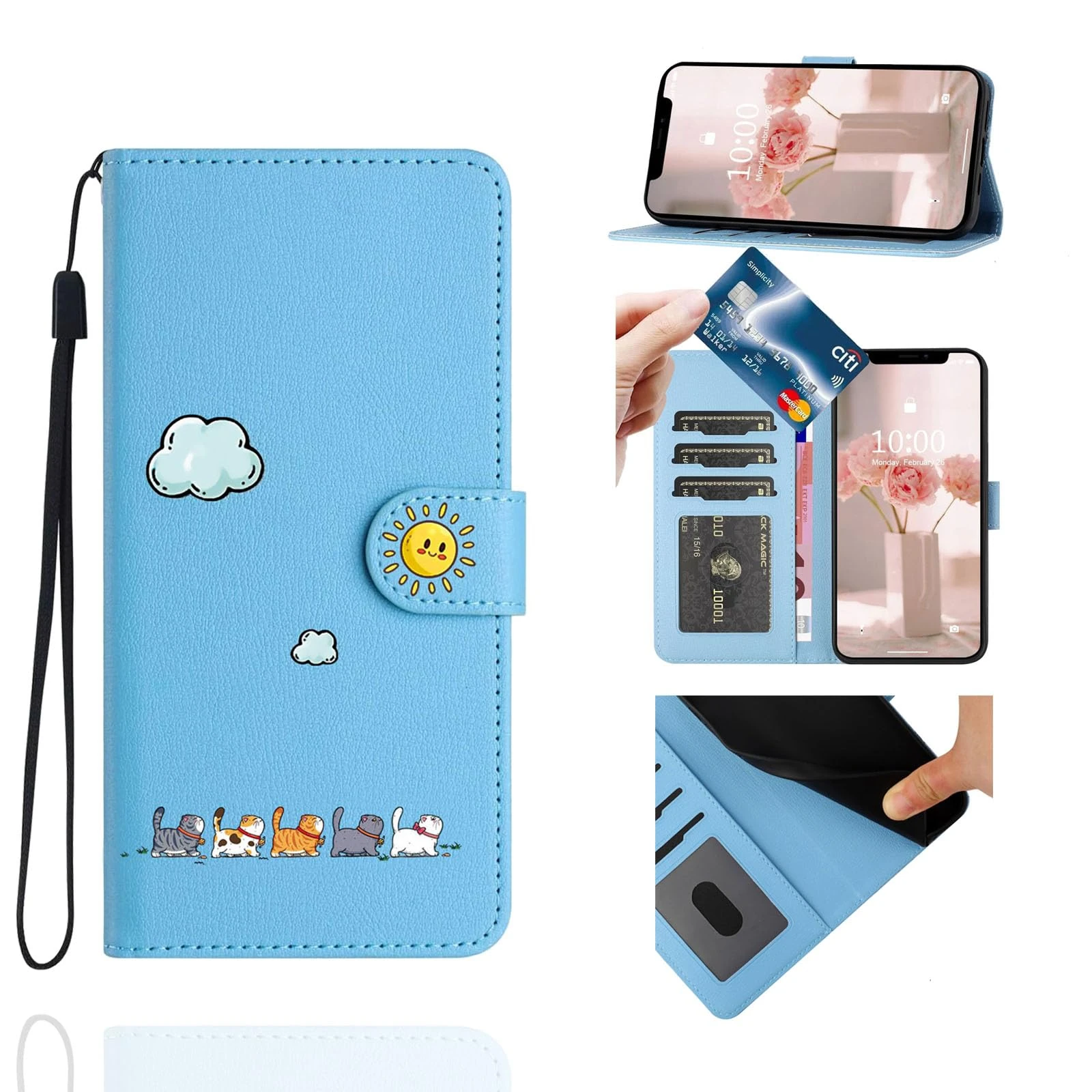 Jeffene Wallet Case for iPhone 7 Plus(5.5 inch),Cute Cat PU Leather Magnetic Flip Case for Women Cover with [Kickstand][TPU Inner Shell][Card Holder] for iPhone 8 Plus,Blue