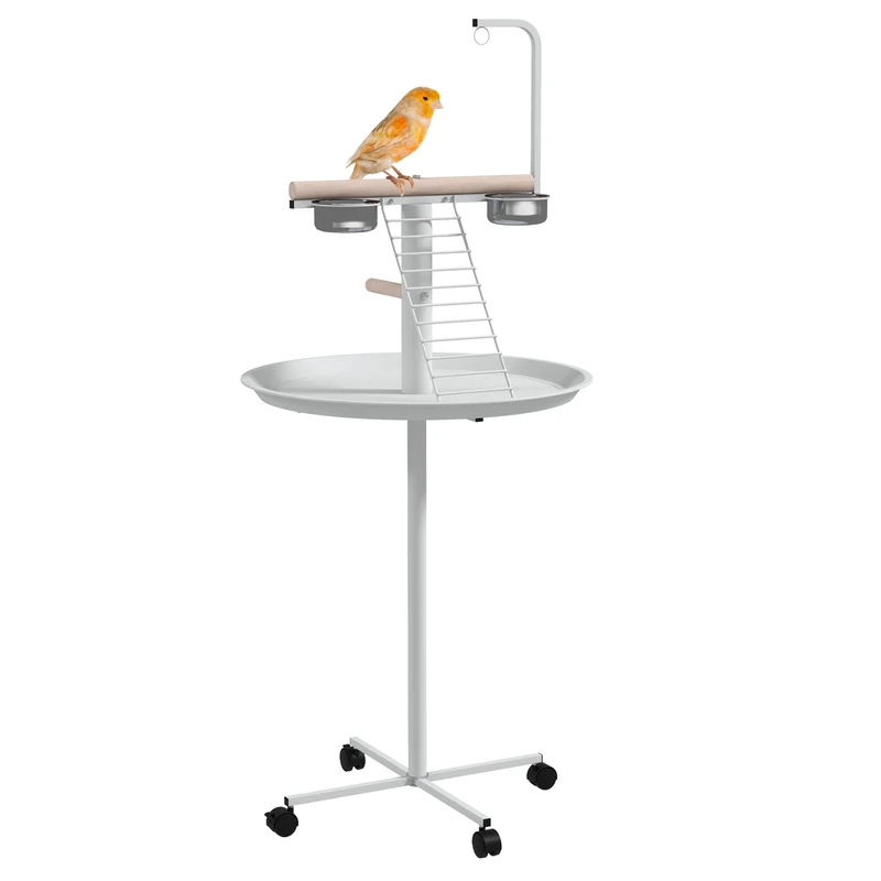 PawHut Bird Table, Bird Feeding Station with Wheels, Perches, Stainless Steel Feed Bowls, Round Tray for Indoor - White