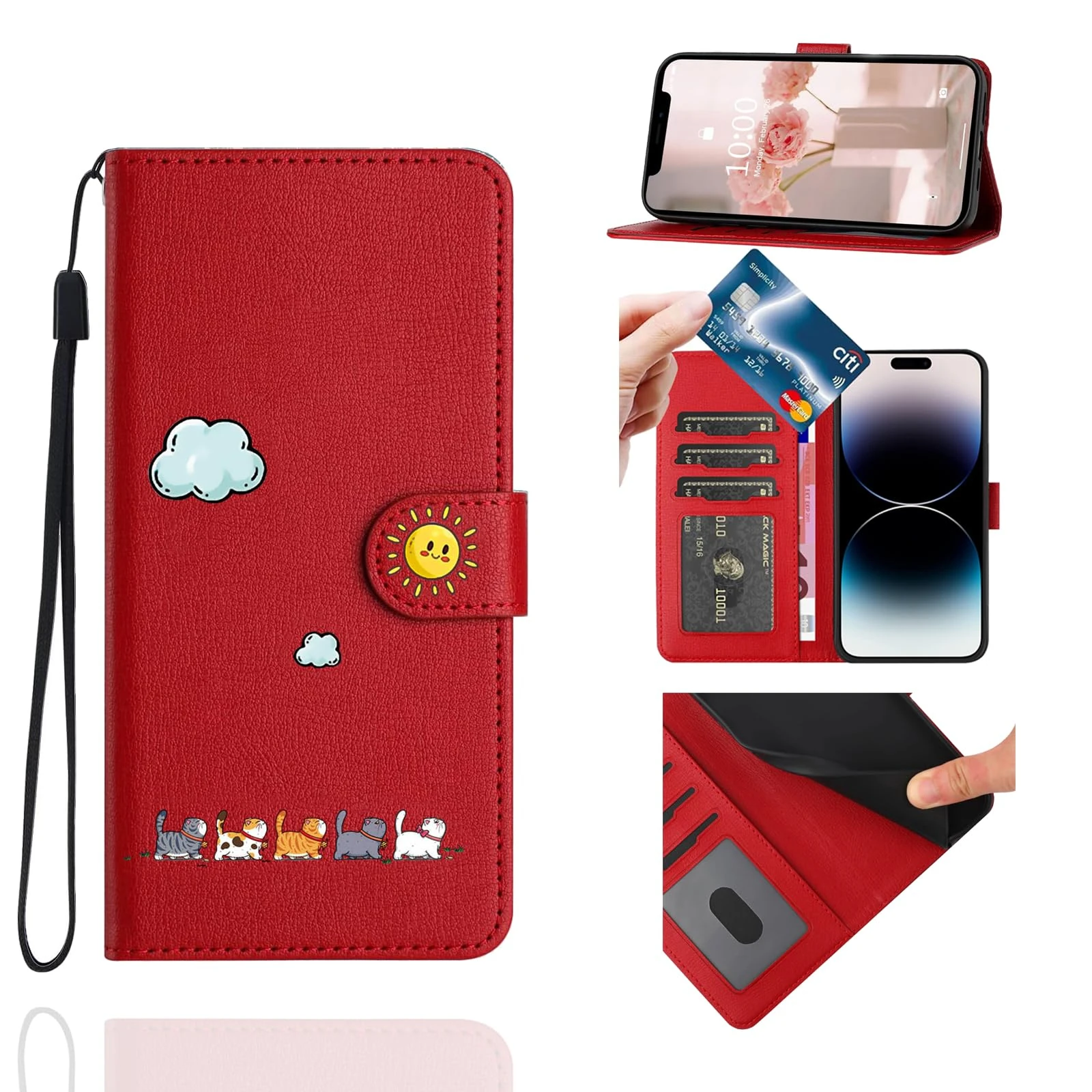 Jeffene Wallet Case for iPhone 7 Plus(5.5 inch),Cute Cat PU Leather Magnetic Flip Case for Women Cover with [Kickstand][TPU Inner Shell][Card Holder] for iPhone 8 Plus,Red