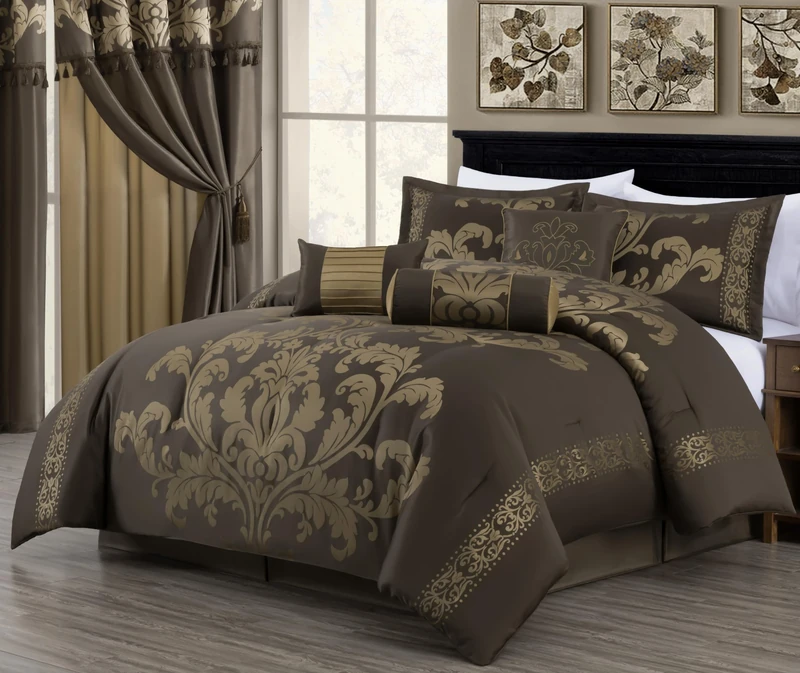 Chezmoi Collection 7-Piece Jacquard Floral Comforter Bedding Set (California King, Coffee/Gold)