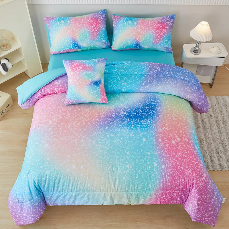PERFEMET Full Size Comforter Sets for Kids Girls 6 Pieces Pink Green Ombre Rainbow Bedding Set Colorful Tie Dye Glitter Teen Girls Bed in A Bag