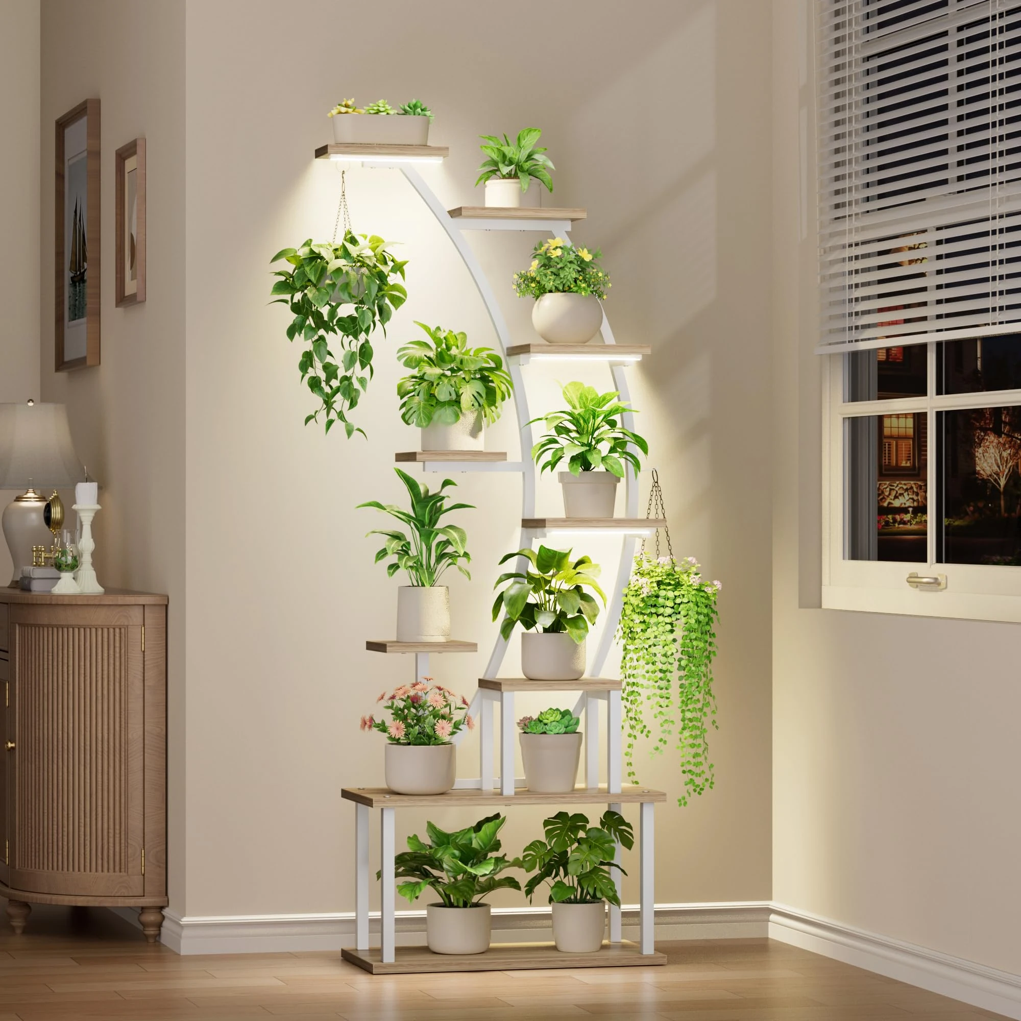 BACEKOLL Plant Stand Indoor with Grow Lights, 9 Tiered Metal Plant Shelf, 63" Tall Plant Stand for Indoor Plants Multiple, Large Plant Rack Display Shelves, Corner Plant Holder for Home, Patio (White)
